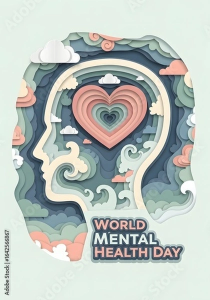 Fototapeta Layered paper-cut style illustration for World Mental Health Day, a head silhouette with a central heart, clouds, and waves.