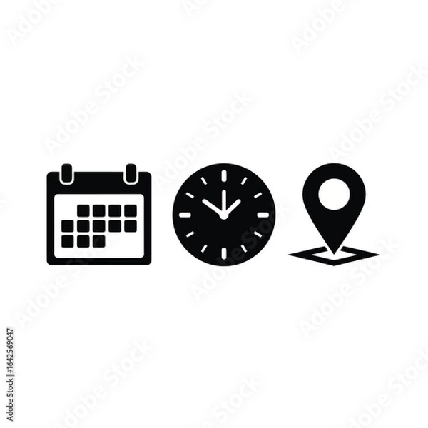 Fototapeta Illustration of calendar, clock, and location pin icons isolated on white background