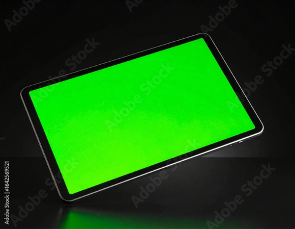 Fototapeta digital tablet with a blank green screen floating in mid-air over a black background