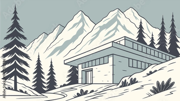 Fototapeta Mountain modern home design illustration with snowy peaks and pine trees for real estate marketing use