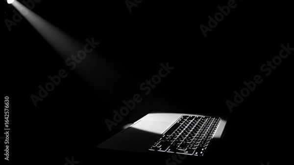 Fototapeta The Light and Shadow Dance: Capture a single, powerful beam of light dramatically illuminating a laptop in a completely dark studio. Focus on the sharp contrast between the bright