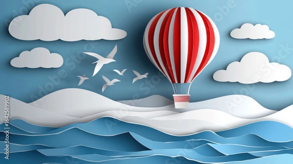 Fototapeta Colorful Hot Air Balloon Floating Over Waves and Clouds in Paper Art
