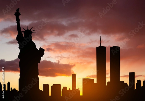 Obraz New York skyline silhouette with Towers and Statue of Liberty against the sunset