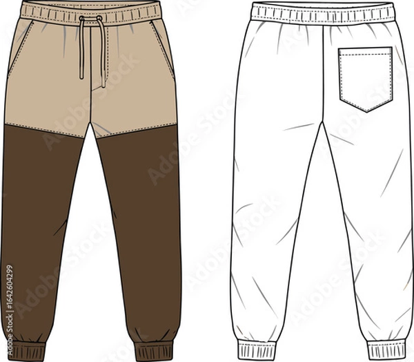 Fototapeta Color block jogger pants technical flat, front and back view, fashion cad sketch, casual streetwear trousers, flat vector illustration