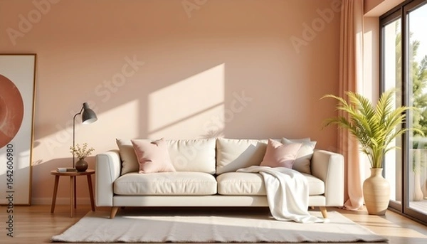 Fototapeta Minimalist Living Room with Beige Sofa and Natural Accents