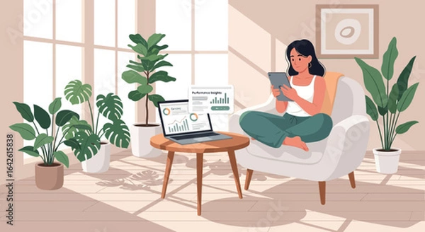 Fototapeta Digital lifestyle: Woman enjoys her tablet and laptop in an indoor garden