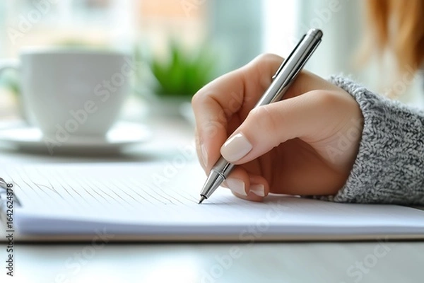 Obraz Close-Up of Hand with Well-Groomed Nails Holding Metal Pen Writing in Lined Notebook White Cup and Saucer Green Plant Gray Knit Sleeve Writing Scene