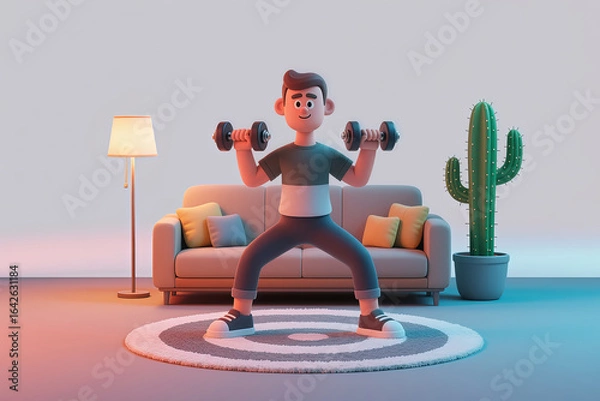 Obraz Indoor exercise with dumbbells, featuring 3D cartoon characters