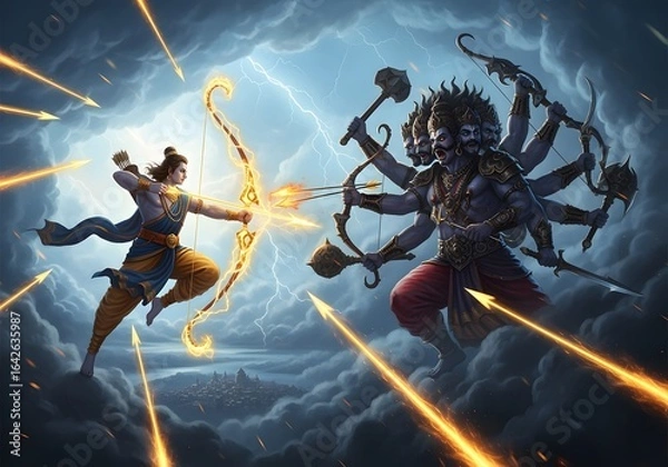 Fototapeta Lord Rama, wielding a bow and arrow, confronts the ten-headed Ravana in a dramatic, celestial battle.