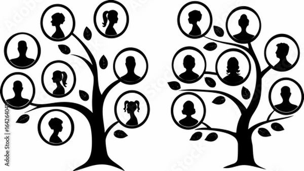 Obraz Two stylized family trees with silhouette portraits of family members in circles and leaves around branches