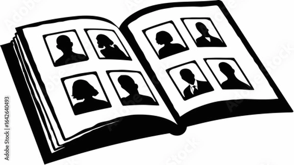 Obraz Open photo album displaying black and white silhouette portraits arranged on facing pages in a book format