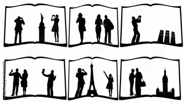 Obraz Silhouetted figures in book frames depicting tourism at various landmarks and taking photographs of sites