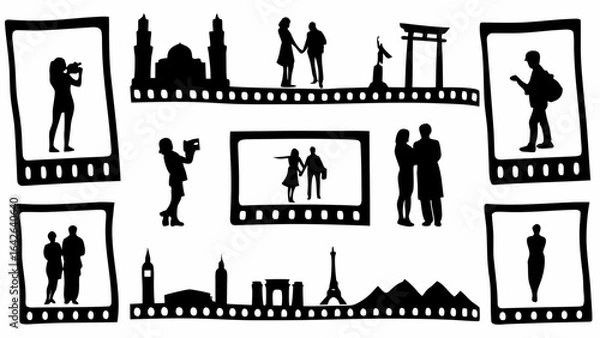 Obraz Silhouette of people and landmarks in film strip frames capturing travel and memories in black and white