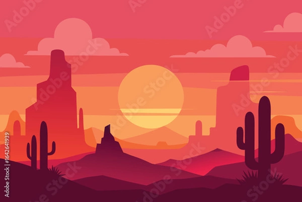 Obraz Photo of vibrant desert landscape with towering cacti silhouetted against a warm sunset sky, capturing the serene beauty of the arid wilderness