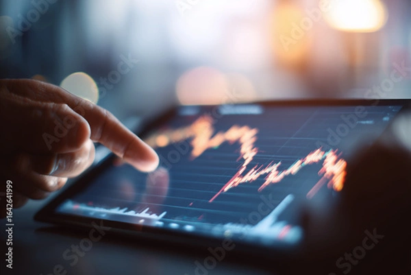 Fototapeta Close-Up of Businessperson Holding Tablet Device with Corporate Dashboard and Data Analytics Display