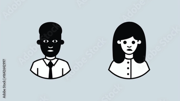 Fototapeta Vector illustration of a cartoon business couple working as a team in an office silhouette clip art icon on white background