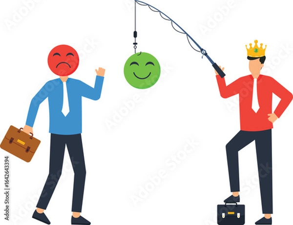 Fototapeta Business Concept: Businessman with Crown Fishing for a Smiling Face, Concept of Deception,r, corporate world, financial success, emotional expression, leadership role, confident man, business