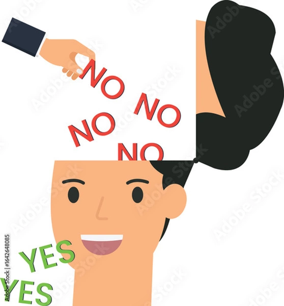 Fototapeta Conceptual illustration of a human head with 'NO' and 'YES' words, decision making,, choice concept, yes concept, no concept, hand gesture, business concept, flat design, simple design, graphic