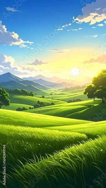 Fototapeta Serene landscape with rolling green hills lush trees and vibrant sunset sky with clouds mountains in background and bright sunlight