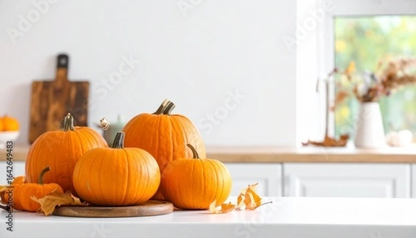 Obraz Pumpkins and autumn leaves on a kitchen counter creating a seasonal display