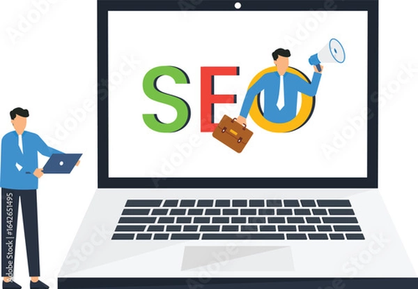 Fototapeta SEO Concept Depicted with Laptop and Business People, Digital Marketing Illustration, successful business, SEO concept, business strategy, online advertising, marketing strategy, search engine,