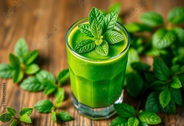 Fototapeta Vibrant green smoothie in glass, garnished with fresh mint,  food styling,  wellness