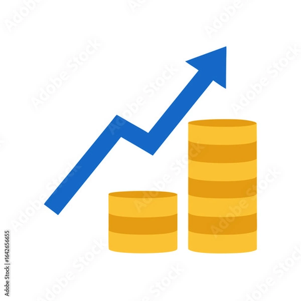 Fototapeta Golden Coin Stack with Blue Upward Arrow on Transparent Background