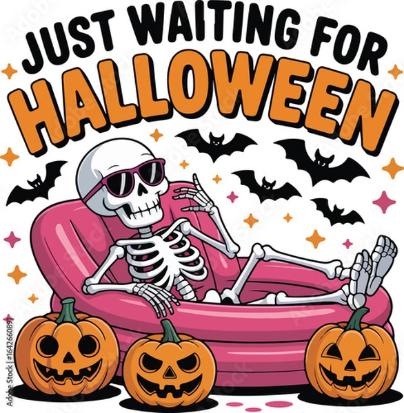 Obraz Just Waiting for Halloween – Funny Skeleton in Pink Pool Float with Pumpkins and Bats Vector Illustration