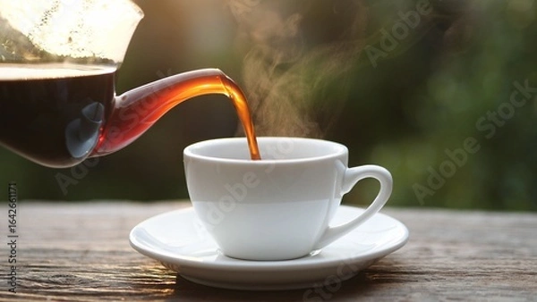 Fototapeta Hot coffee being poured into a white cup with steam rising, symbolizing warmth, energy, and relaxation. Perfect for cafe, breakfast, beverage, or morning lifestyle concepts.
