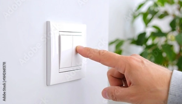 Fototapeta A hand presses a white double light switch on a wall