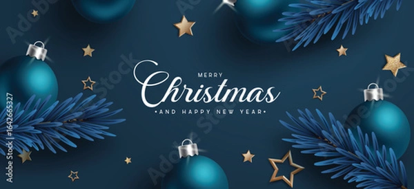 Fototapeta Merry Christmas blue greeting card clipart banner. Merry Christmas and happy new year greeting text clip art with pine tree leaves and bauble elements in gold star background for xmas holiday banner 