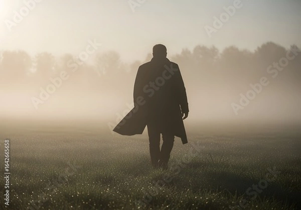Fototapeta A silhouetted man in a long coat walks alone through a misty field during a hazy sunrise.
