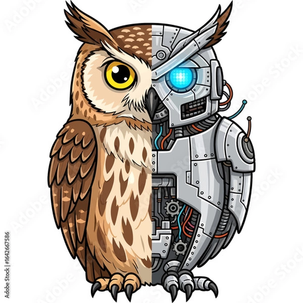 Obraz Futuristic bionic owl, half organic animal and half advanced robot, symbolizing the fusion of nature and technology.