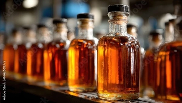 Obraz Amber bottles of liquid on a production line