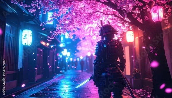 Fototapeta Samurai Warrior in Cherry Blossoms with Japan, Night, and Glowing Lights.