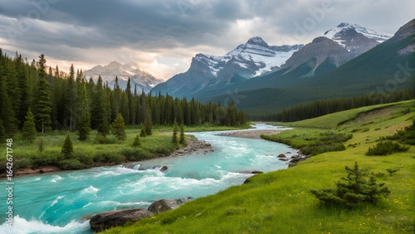 Fototapeta Aseroe, The Alpine Jewel
In the heart of the Alps, nestled between towering, snow-capped peaks and verdant, pine-covered slopes, lies the serene town . A crystal-clear river, fed by glaciers,