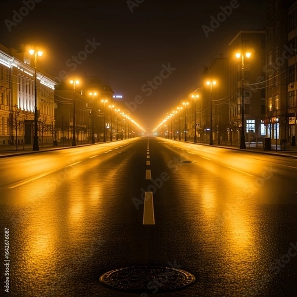 Fototapeta A long, empty street at night, illuminated by golden streetlights, reflecting on wet pavement.