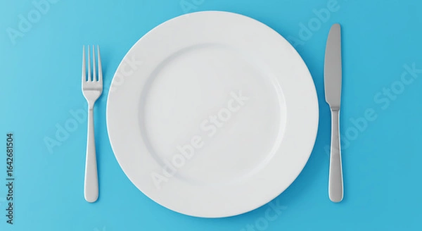 Fototapeta Clean empty white plate with knife and fork on blue background, minimal dining table setting