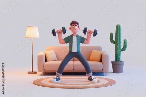 Obraz Indoor exercise with dumbbells, 3D cartoon characters