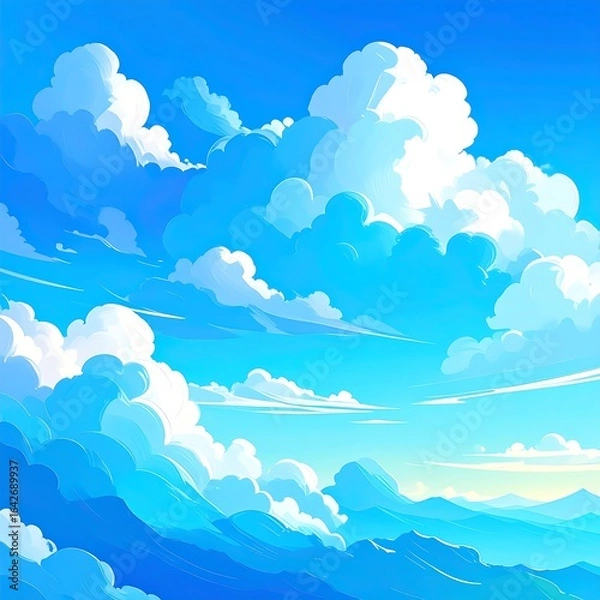 Fototapeta Vivid illustration of a bright blue sky with fluffy white clouds and distant mountains.