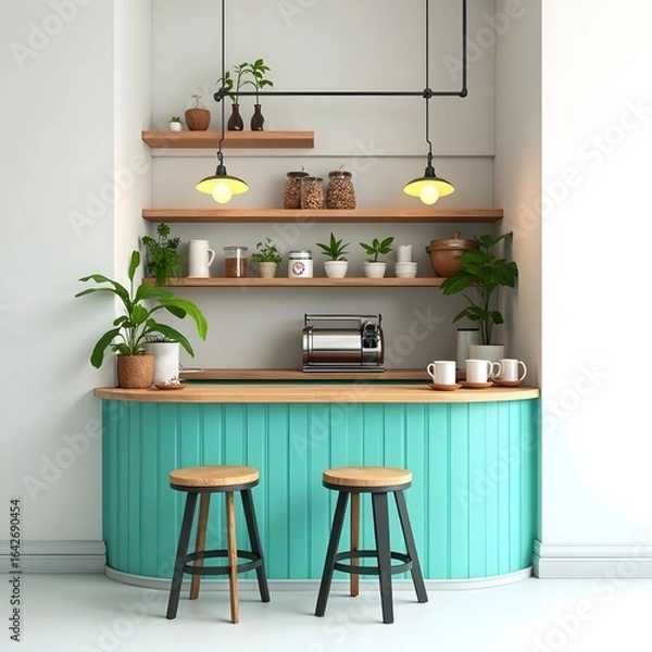 Fototapeta Kitchen with Turquoise Counter and Wood Shelves Displaying Plants and Cookware