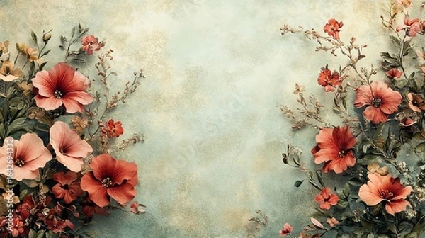 Fototapeta A serene floral design featuring vibrant pink and red flowers against a textured, soft blue background.
