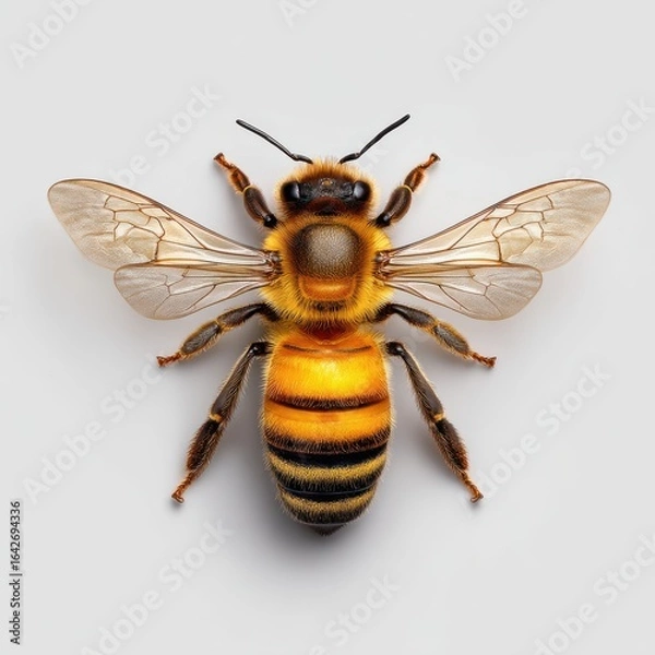 Fototapeta Close up overhead view of a european honey bee with detailed wings and body
