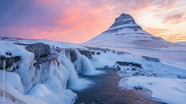 Fototapeta A stunning winter landscape featuring a majestic mountain under a vibrant sky, with a frozen waterfall in the foreground.