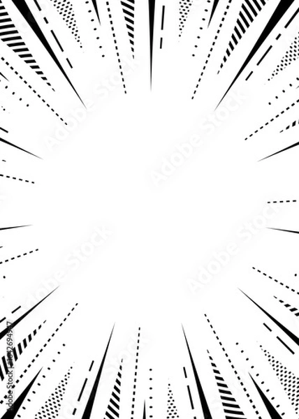 Fototapeta 柄入りの集中線、背景フレーム、ポップなデザイン、縦向き