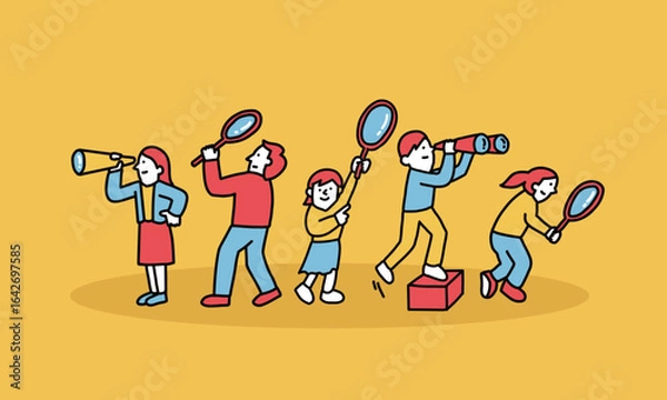 Obraz 虫眼鏡や双眼鏡を手に持つ家族・ビジネスチームのイラスト