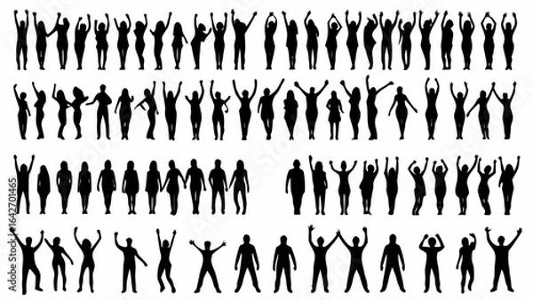 Obraz Silhouette collection of diverse people raising their hands in various poses and body positions standing up