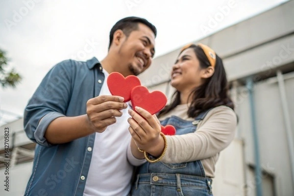 Fototapeta Smiling couple shares loving connection holding red heart symbols, expressing affection and togetherness in a heartwarming moment