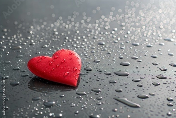 Fototapeta Vibrant red heart shape glistening with numerous water droplets on a dark reflective surface, creating a mesmerizing, romantic atmosphere perfect for love and care themes