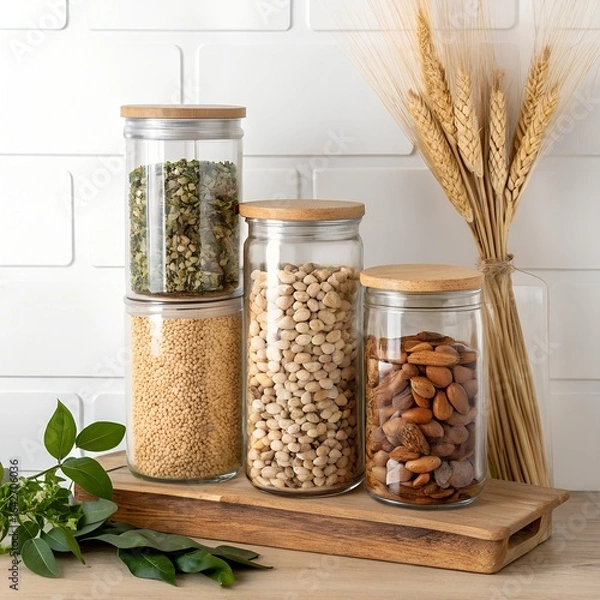 Fototapeta Glass jars filled with various dry food ingredients like nuts, grains, and legumes, neatly arranged on a wooden board with wheat stalks
